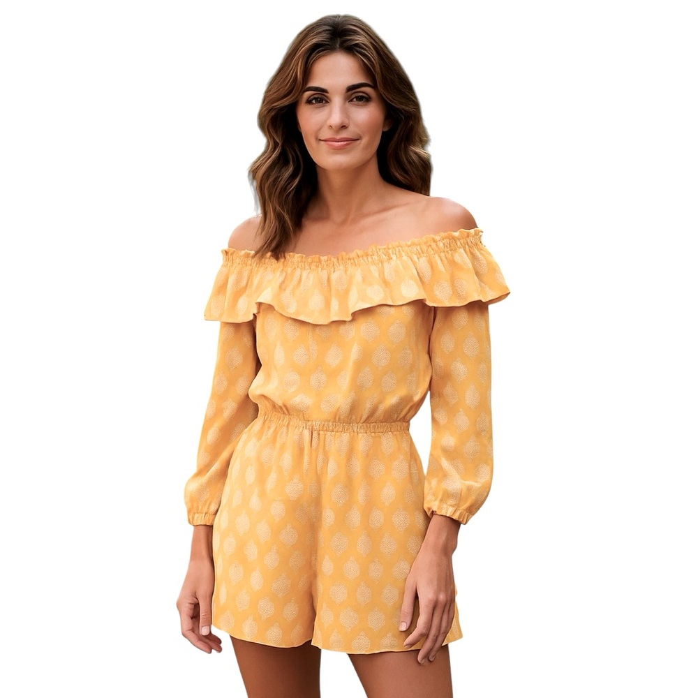 MICHAEL Michael Kors Off Shoulder Long Sleeve Yellow Print Boho Romper M